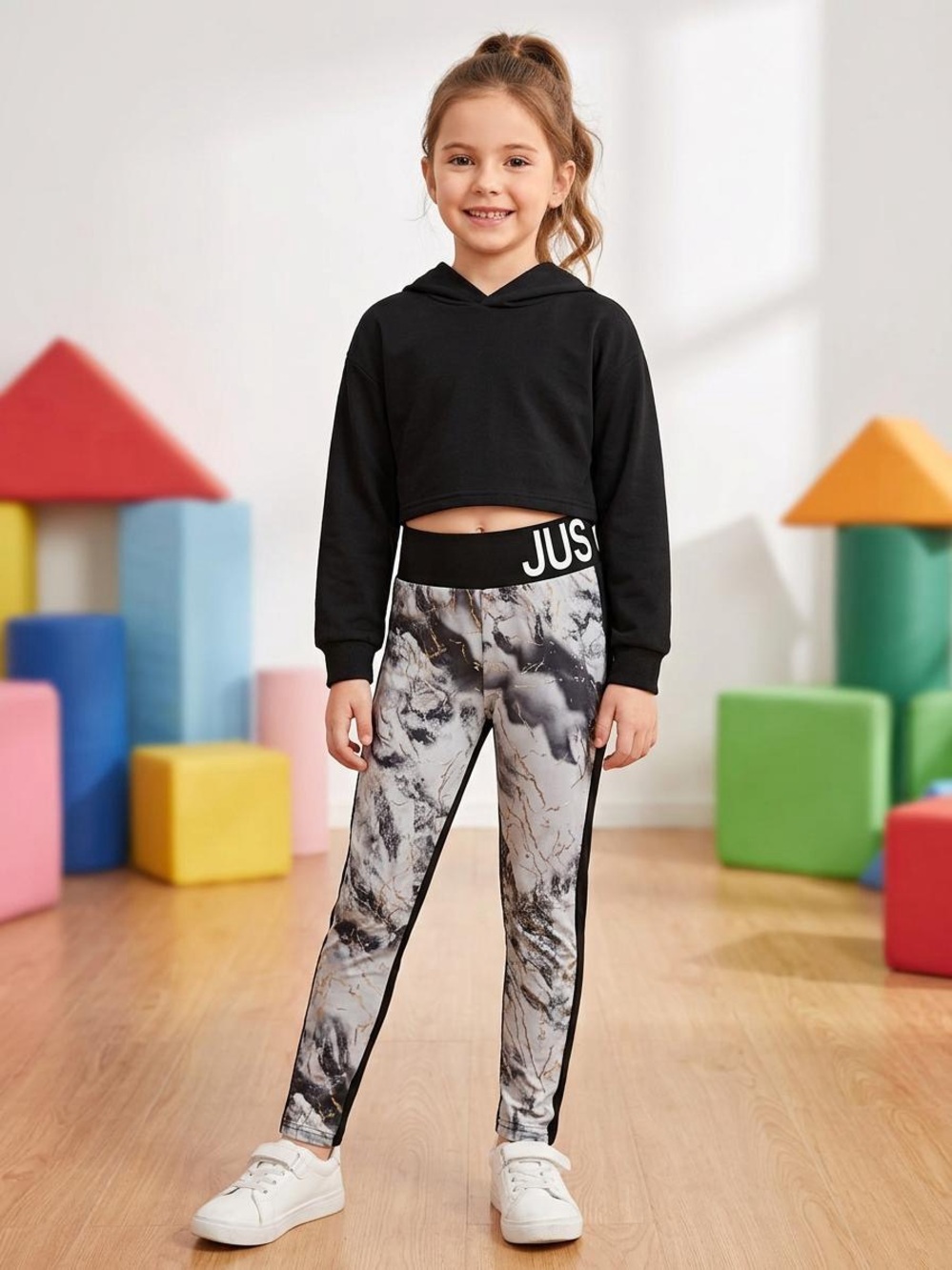 Justice Marble-Print Leggings in Black and Gray
